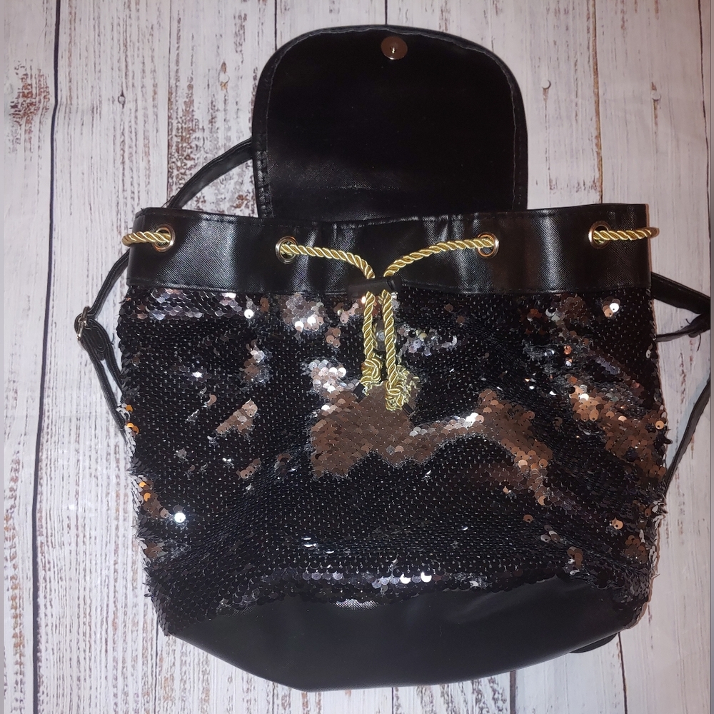 Flip Sequin Backpack Purse, Black and Silver